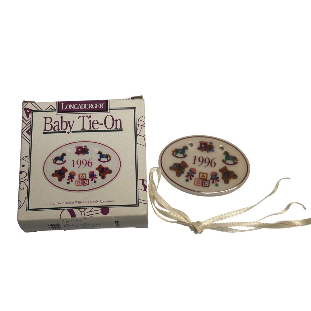 VTG Longaberger Baby Tie-On 1996 Ceramic Basket Charm Nursery Decor White Oval